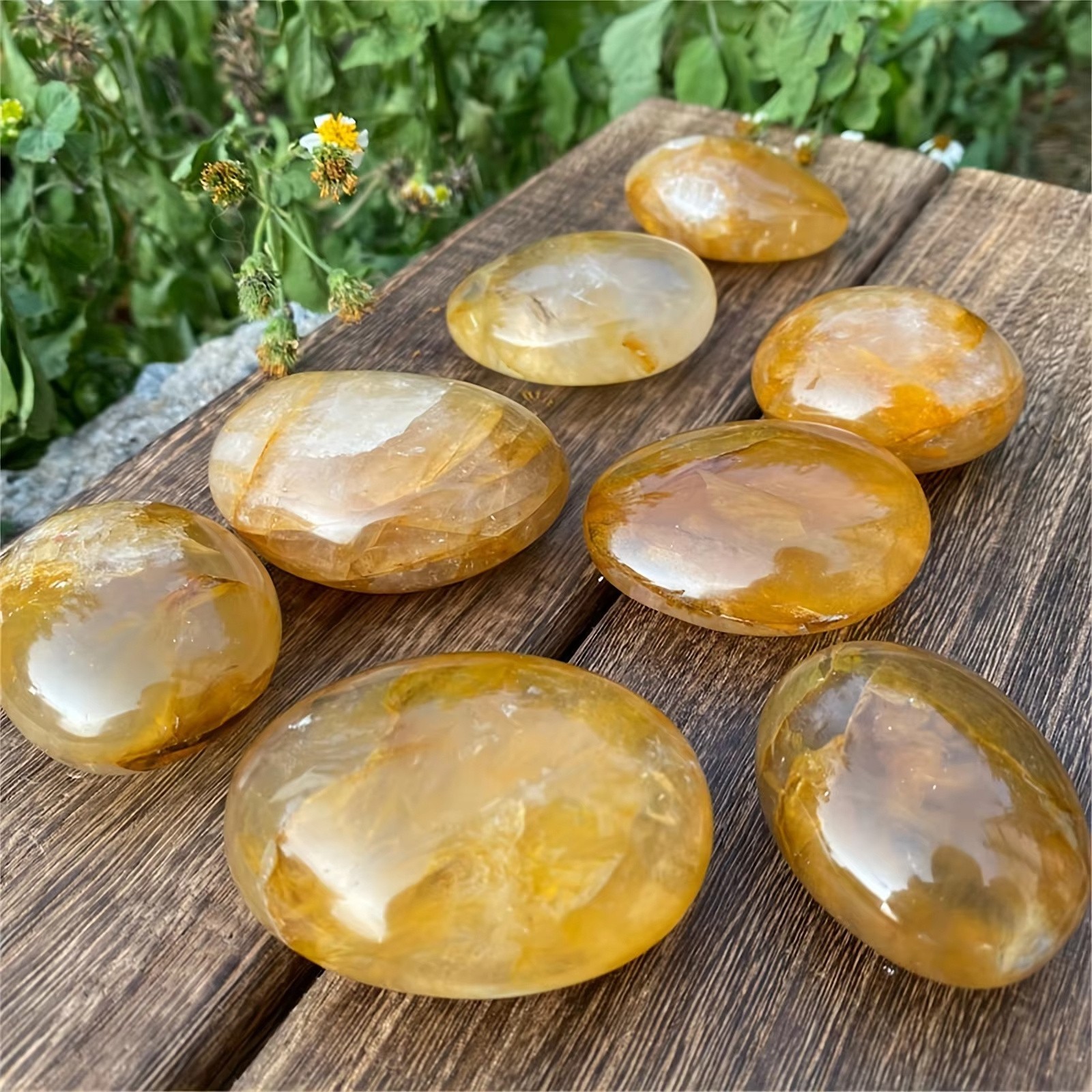 0.3LB Natural Crystal Yellow Fire Quartz Palm Stone Golden Healer Polished Gift