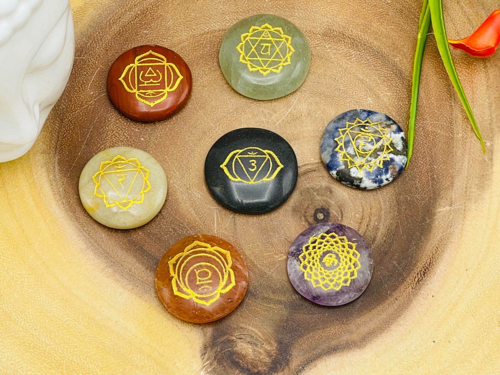7 Chakra Round Palm Smooth Stone Set, Engraved Chakra Symbol, Crystal Palm Stone