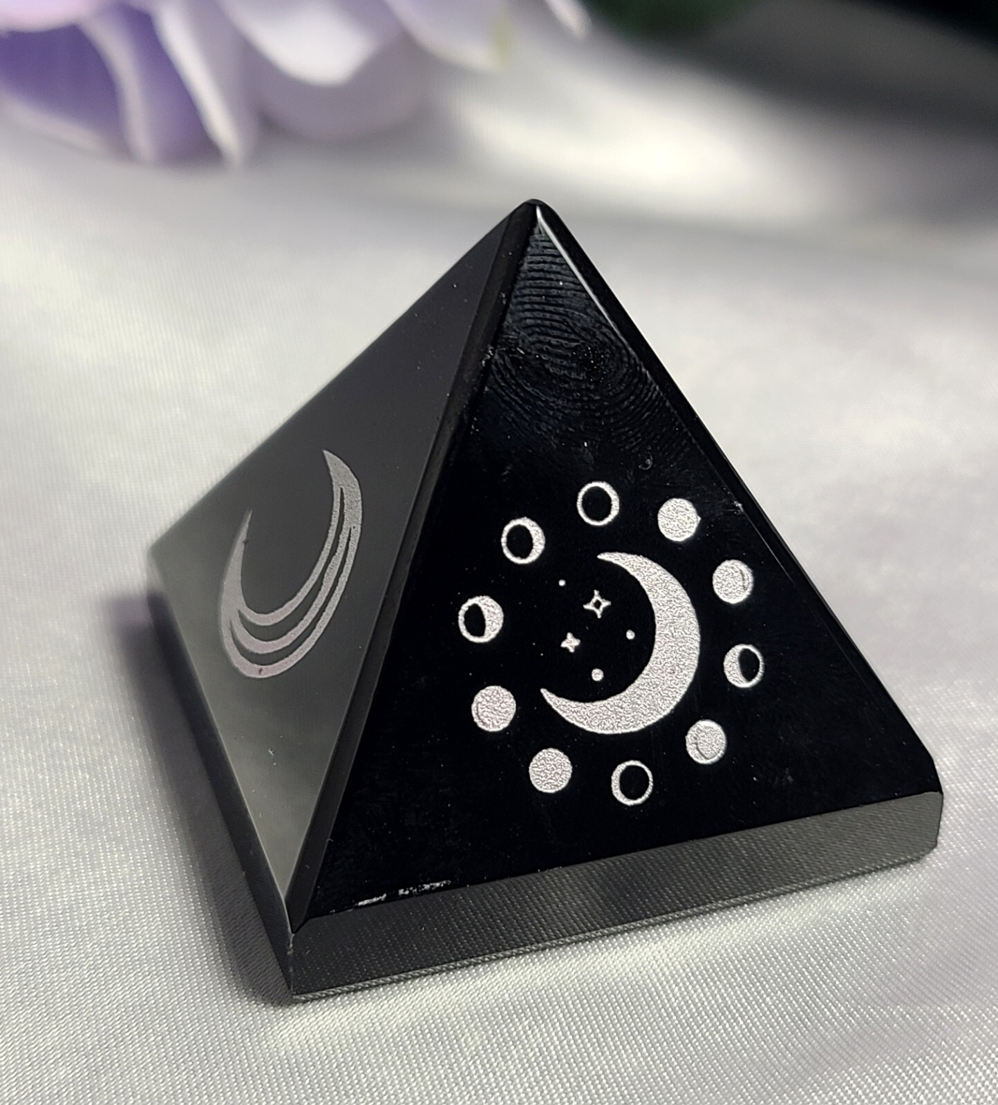 1.7″ Black Obsidian Sphere Crystal Pyramid Silver Engraved Moon & Stars Wiccan