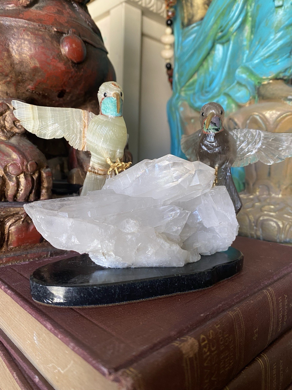 Peter Muller Hand Carved Smokey Quartz, Marble, Quartz Hummingbirds On Quartz