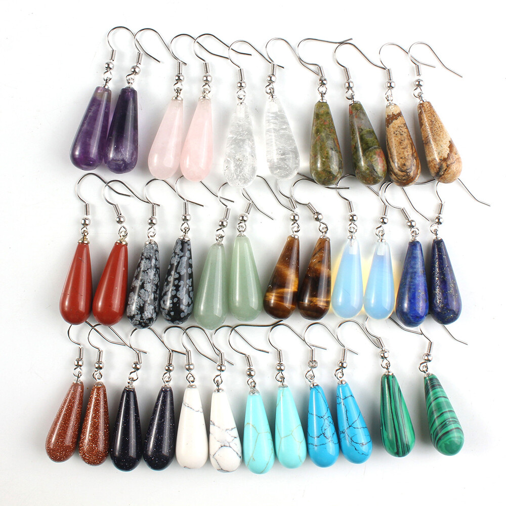 Chakra Crystal Gemstone Long Teardrop Drop Dangle Hook Reiki Earrings Pendant