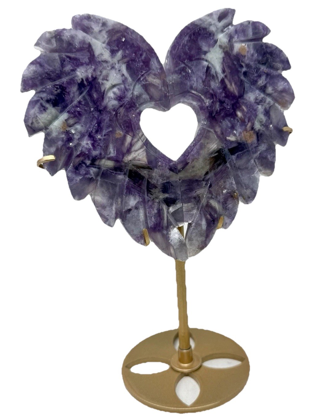 Pretty Lepidolite Crystal Love Heart Wings With Metal Stand
