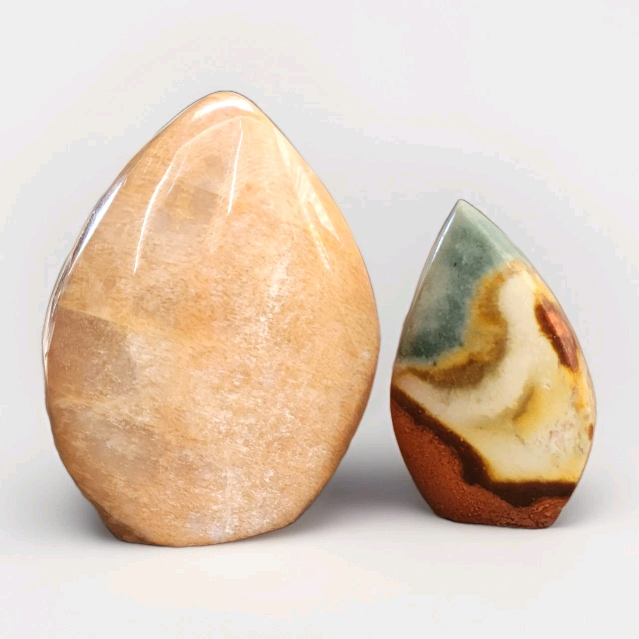 2 Polished Peach Moonstone & Polychrome Jasper Teardrop Freeform Ornaments – USA