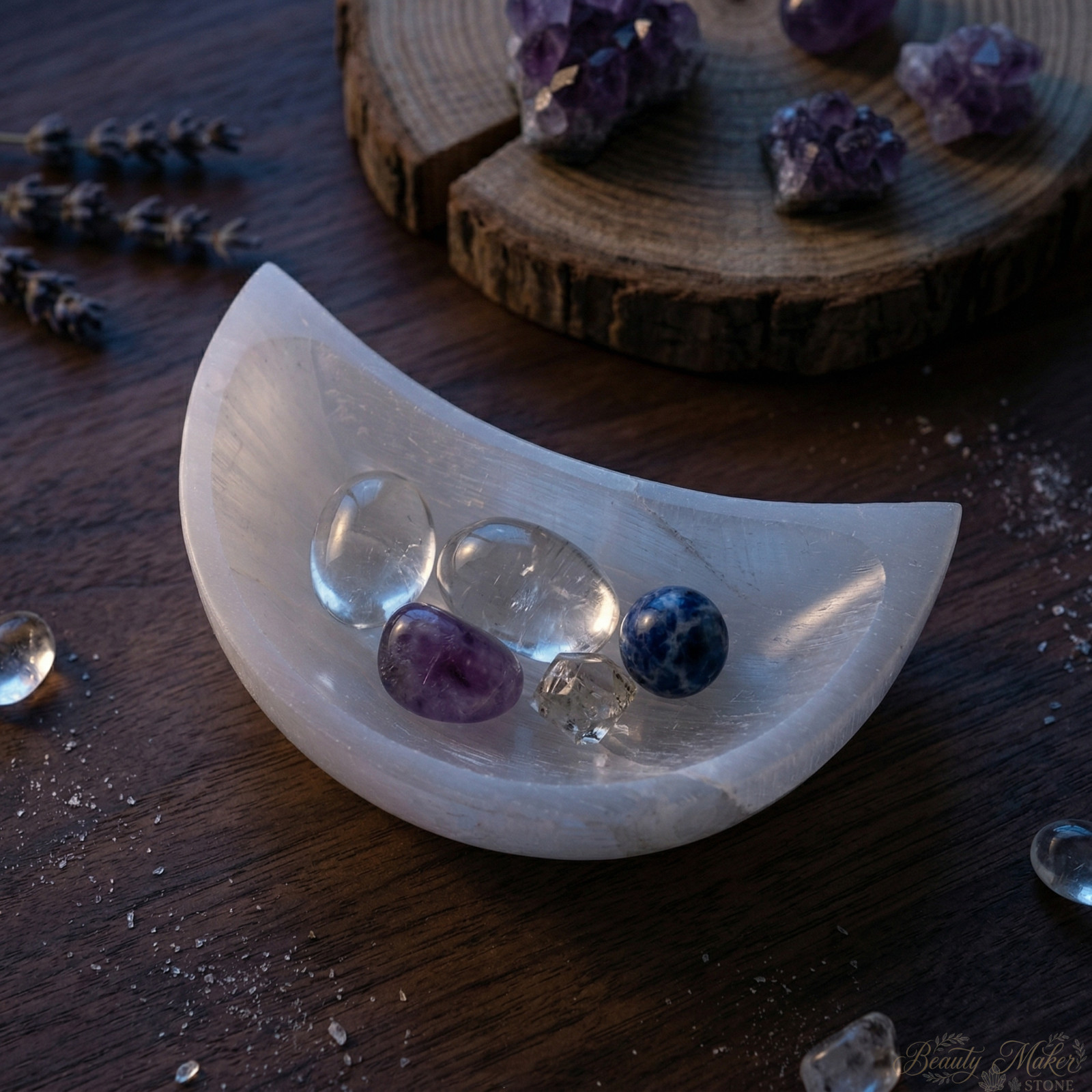 Selenite Crystal Moon Bowl Cleansing Tray White Stone Dish Spiritual Altar Decor