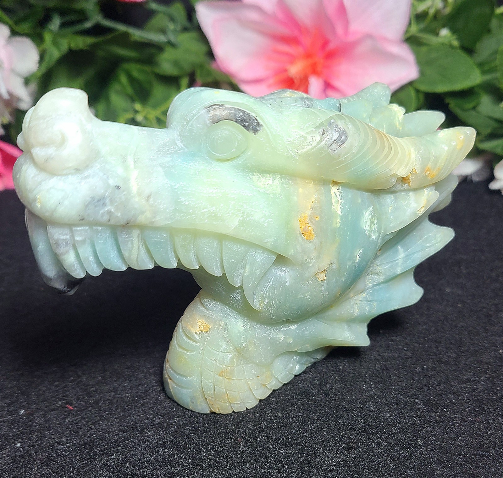 5.2″ 422g Blue Caribbean Calcite Dragon Head Crystal Skull Stone Carving Statue