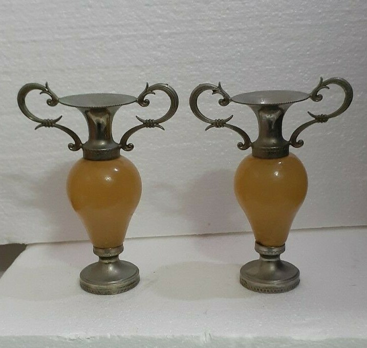 Onyx Marble Stone and Brass Bud Vases Set 1970s Collectables