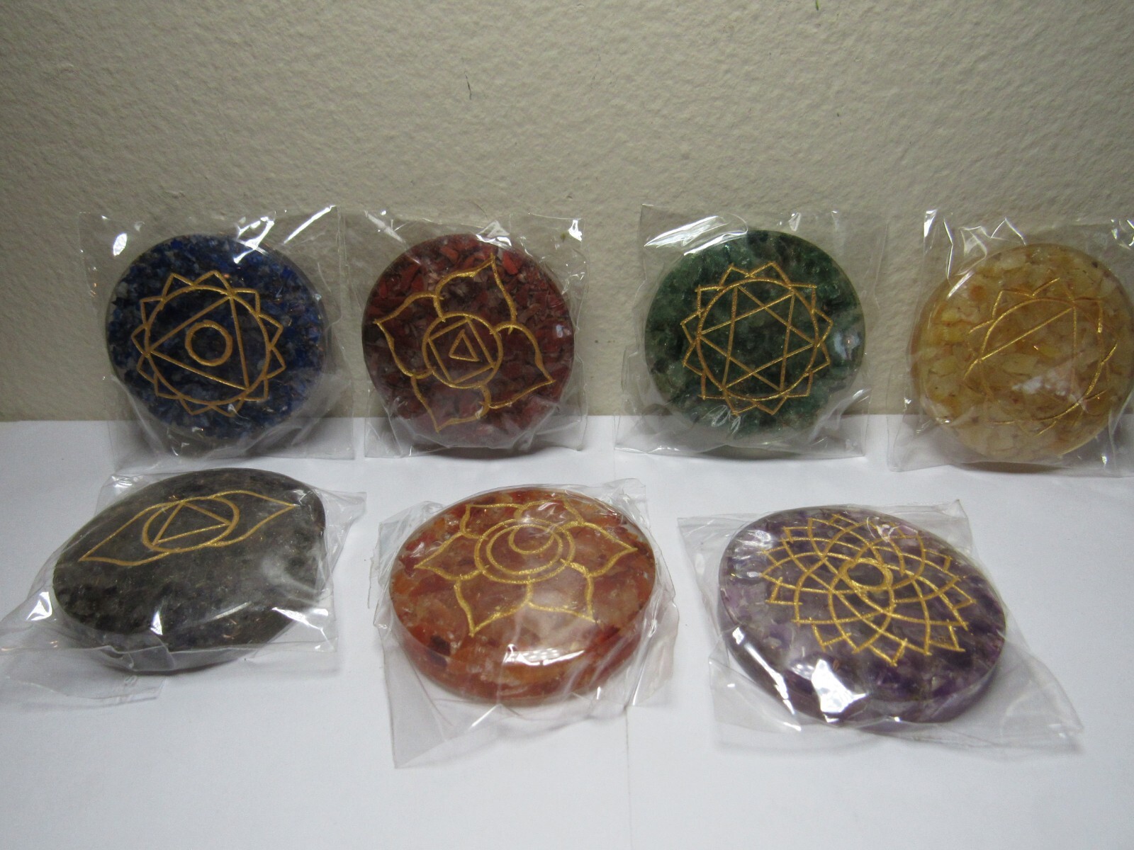 7 Chakra Round Orgone Smooth Stone Set With Engraved Chakra Symbols, 1.6 Inch