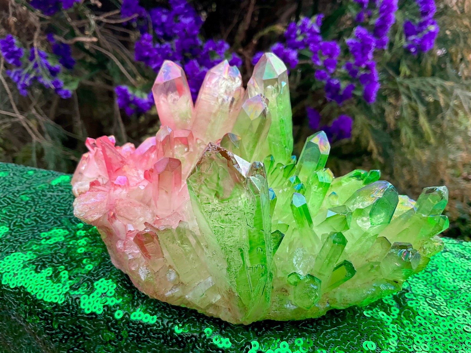 Pink & Green Aura Quartz Crystal Cluster ~ 1 Lb. 14 oz. ~ 6 1/2″ Long ~ Sparkli