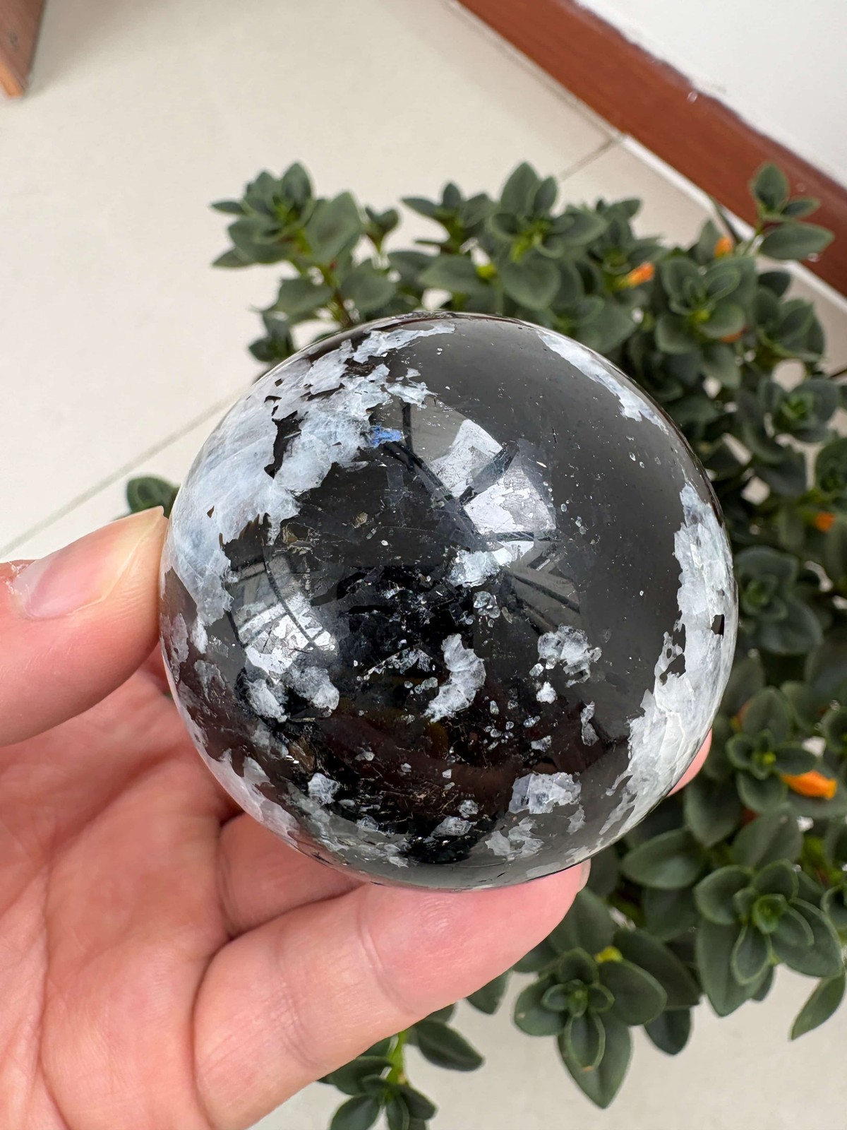Natural Black And White Moonstone Sphere 2.55″ 0.677 lb Crystal Ball Healing