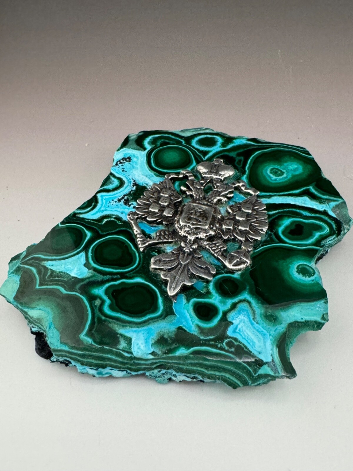 203gr Malachite Slab Sterling Silver Russian/Euro Double Headed Eagle Emblem