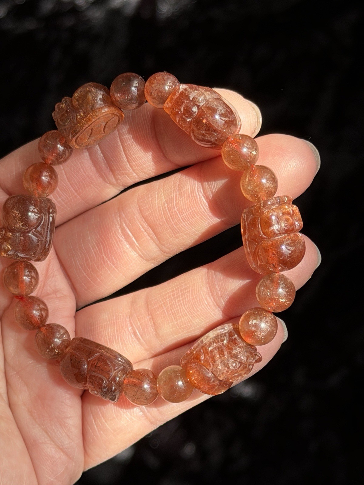 14mm Natural Pixiu Sunstone Flashy Crystal Bracelet Fits 7-7.5” Wrists