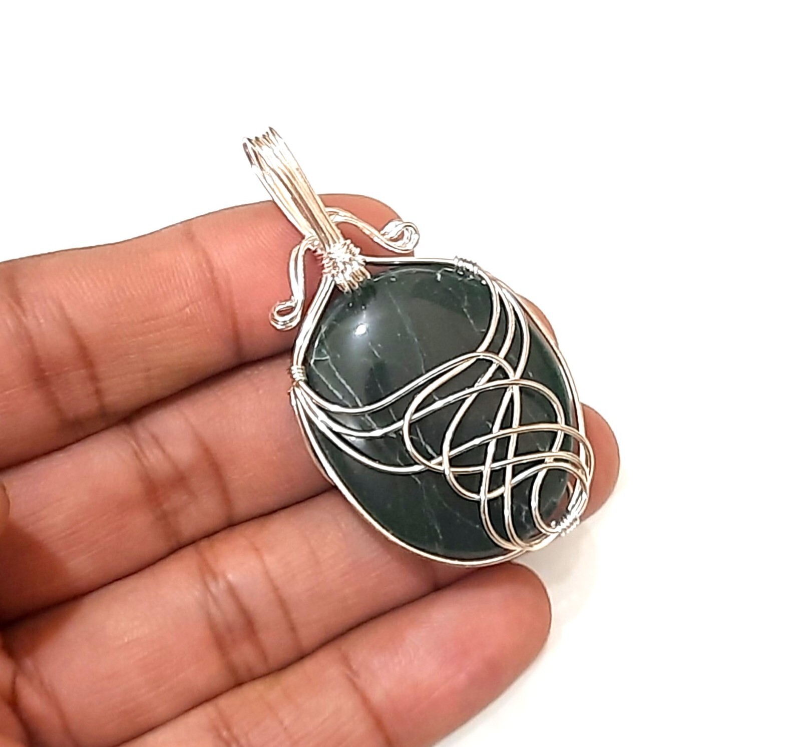 Natural stone Green Jade Wire Wrapped Unisex Pendant with cord and pouch