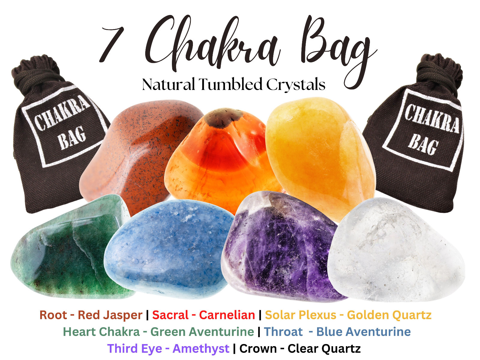 7 Chakra Tumbled Stone Set Carry Pouch Polished Selenite Charging Plate + Guide!