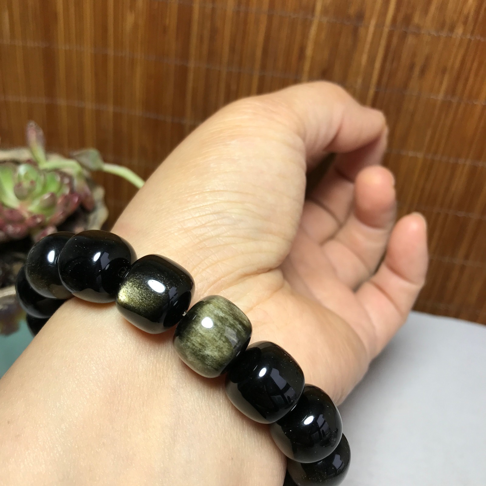 14-12mm Natural Polished Obsidian bracelets Crystal Bucket bead Specimen A4066
