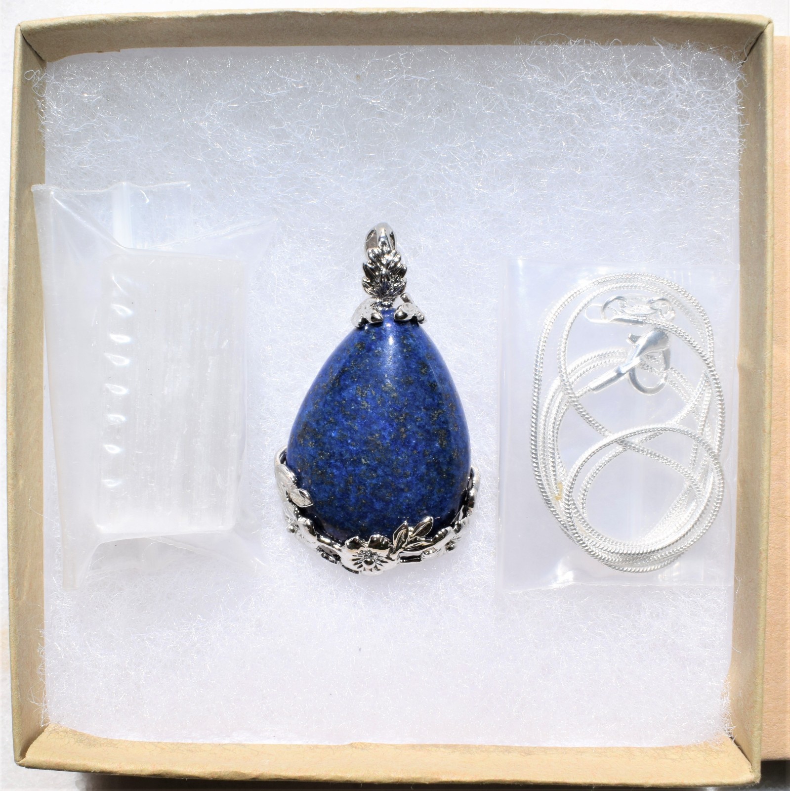 Lapis Lazuli Teardrop Pendant + 20″ Stainless Steel Chain + Baby Selenite Heart