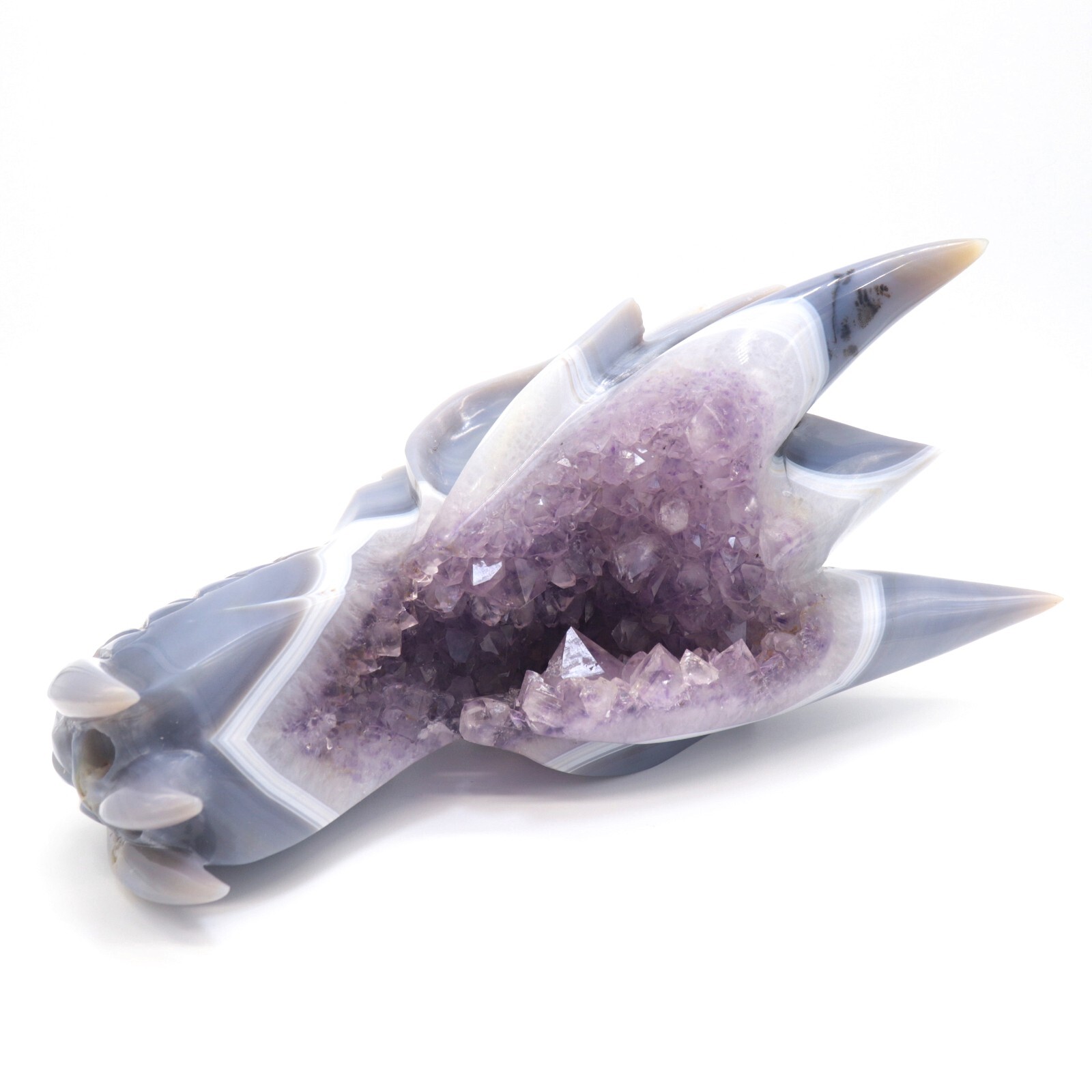 10″ Agate Amethyst Cluster Hand Carved Dreagon Head Sculpture, Crystal Healing