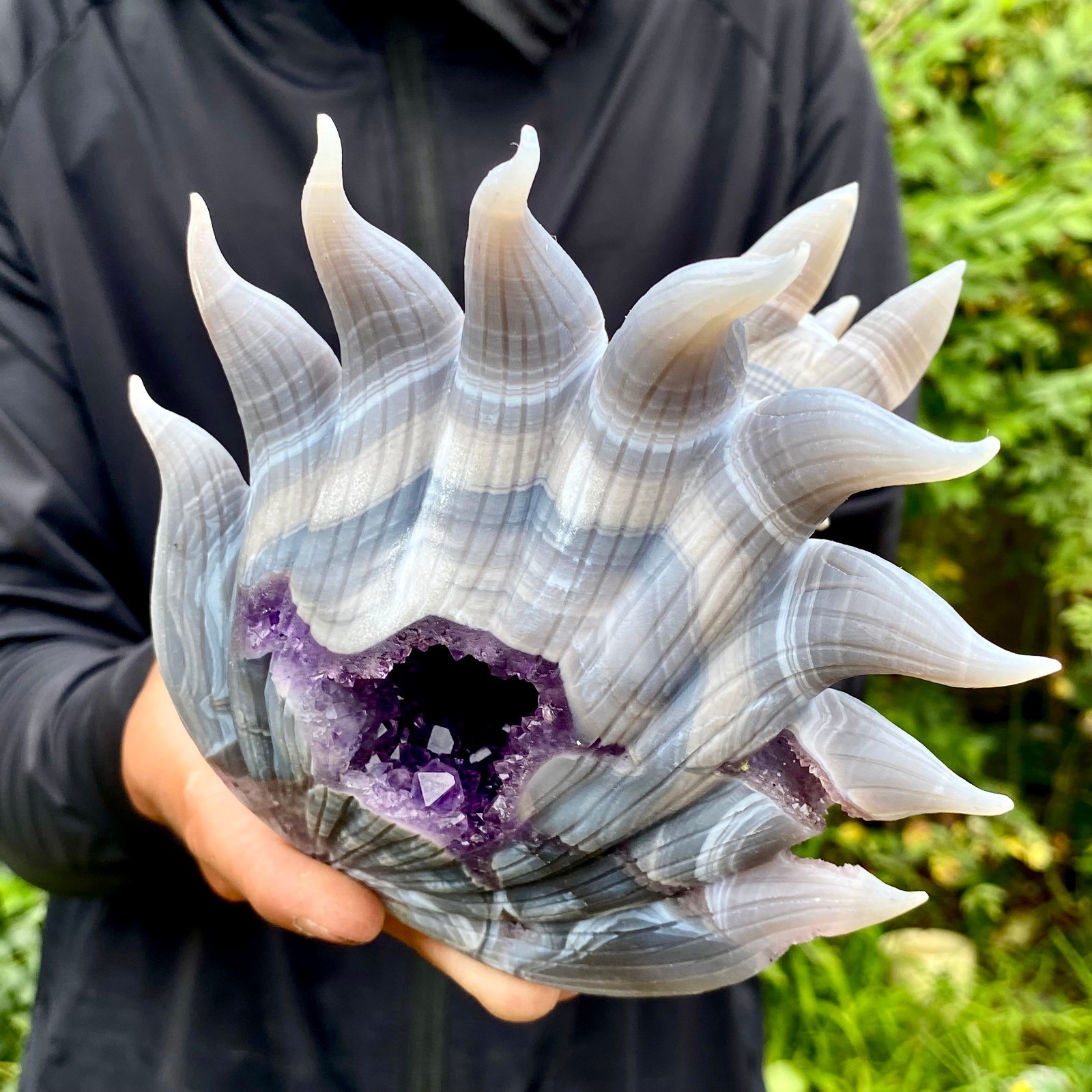 2.2LB Natural Amethyst Geode Hand Carved Nine-tailed Fox Quartz Crystal Decor