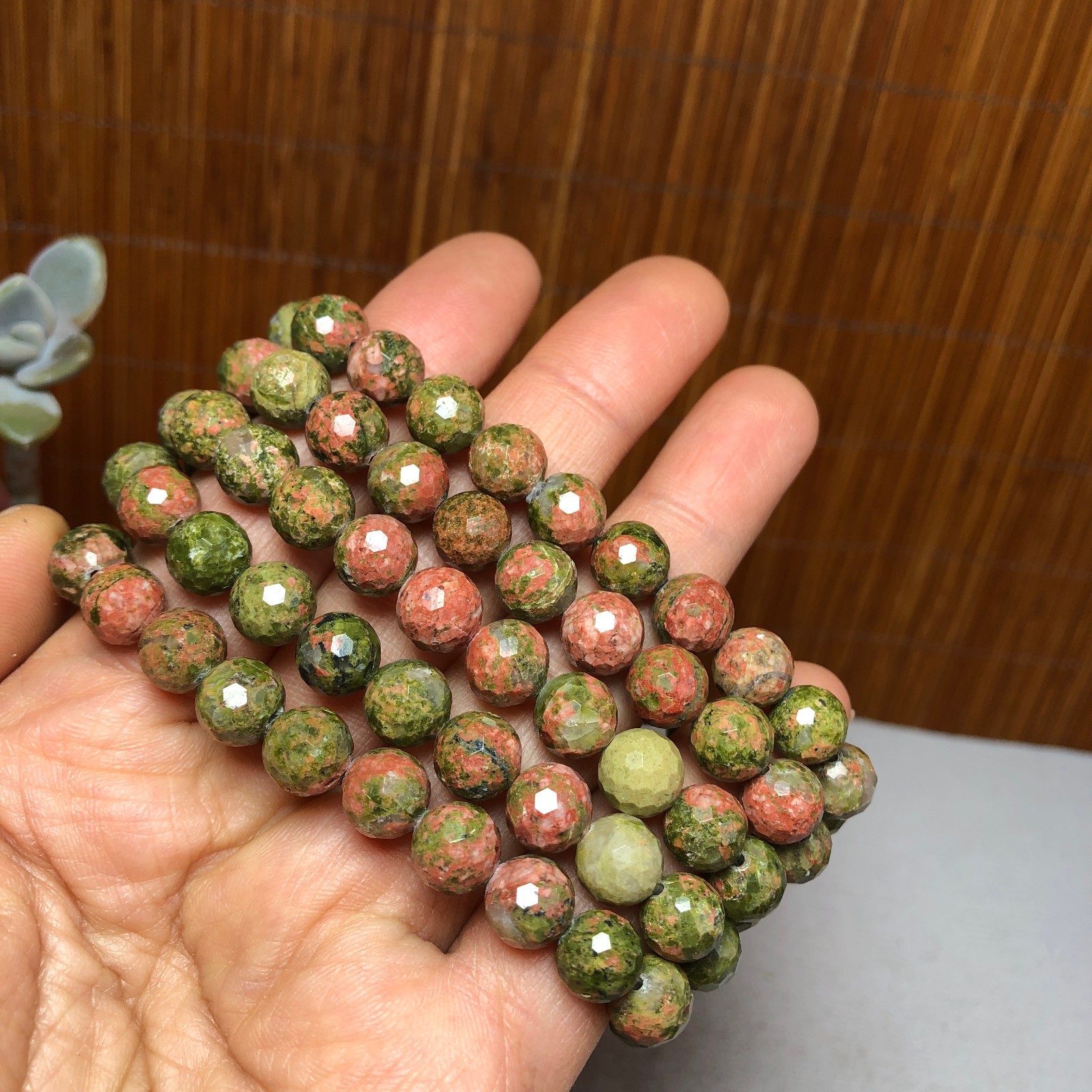 5Pcs Wholesal Natural Polish Unakite stone bracelets Crystal ball 8mm facet 3427