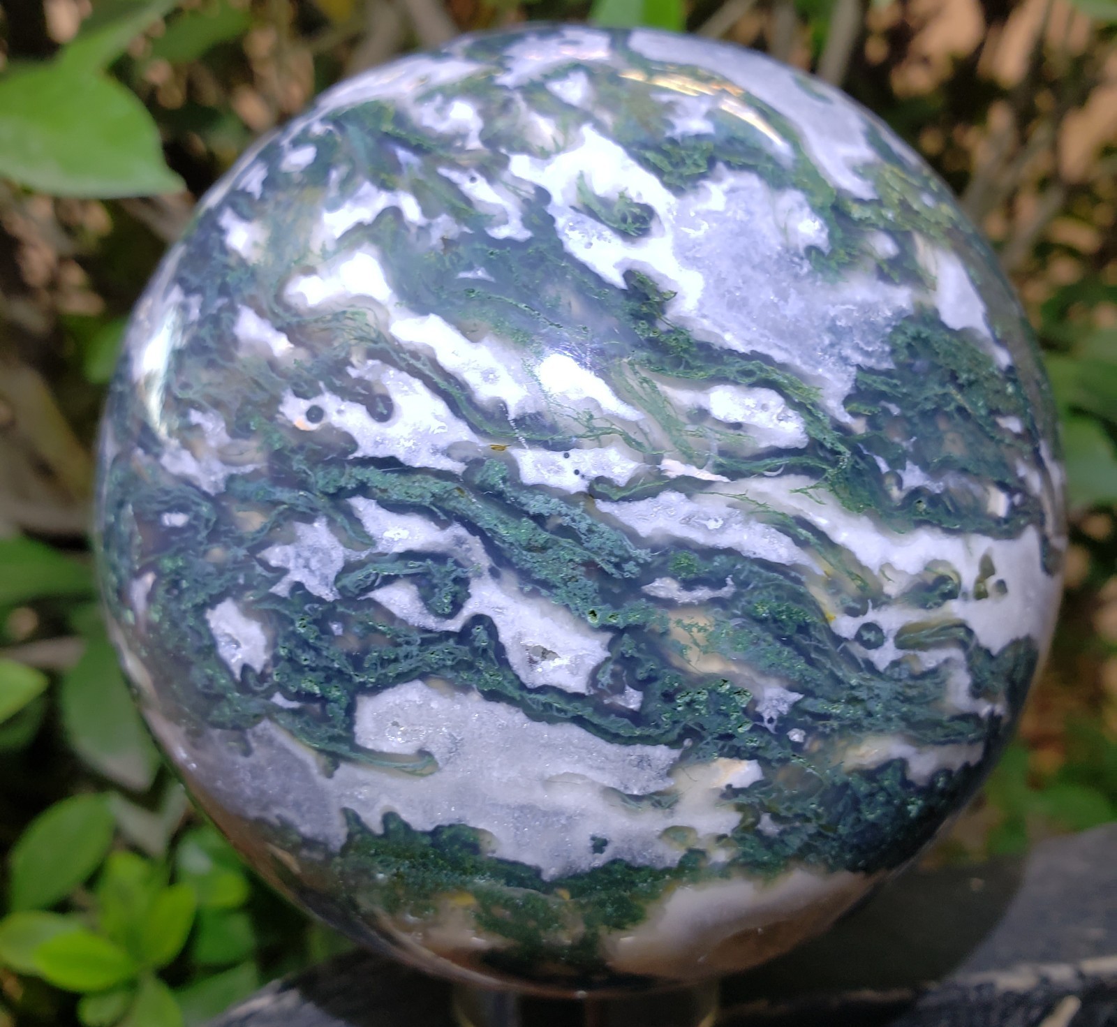 4″ Green Moss Agate Quartz Crystal Mineral Sphere Ball Orb UV Druzy, 1427g