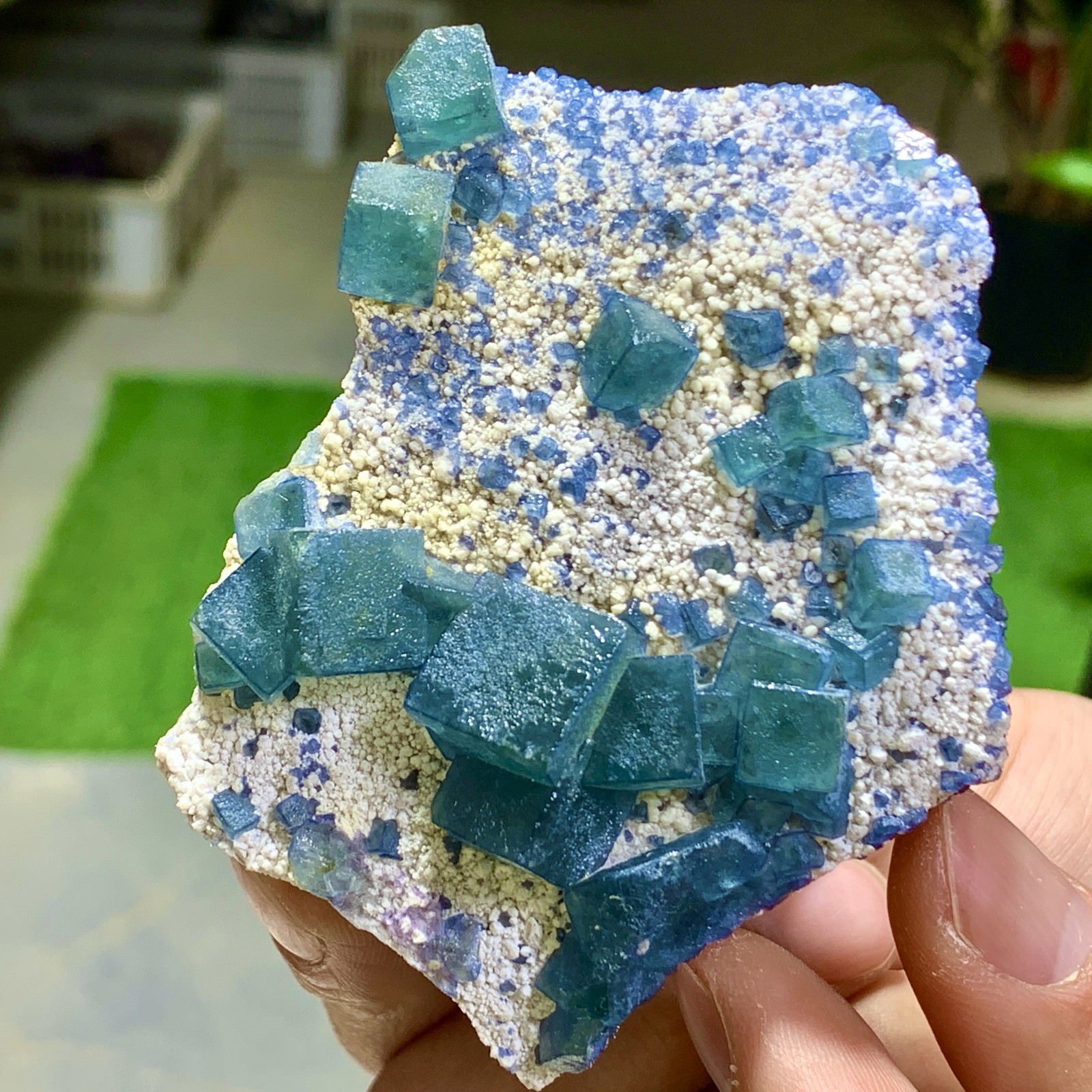 130G Rare transparent green cubic fluorite mineral crystal sample