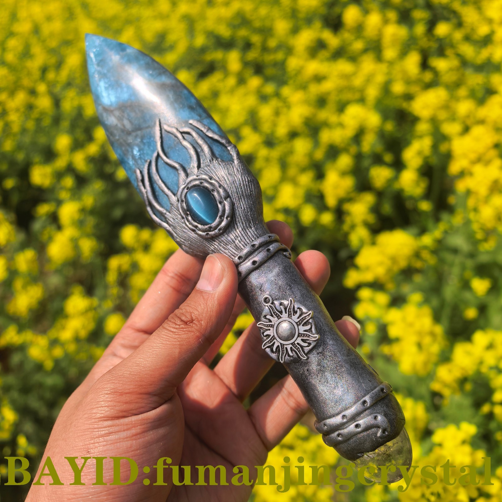 Blue apatite Knife , Handmade Carved Crystal Raw Sorceress Collectible gifts