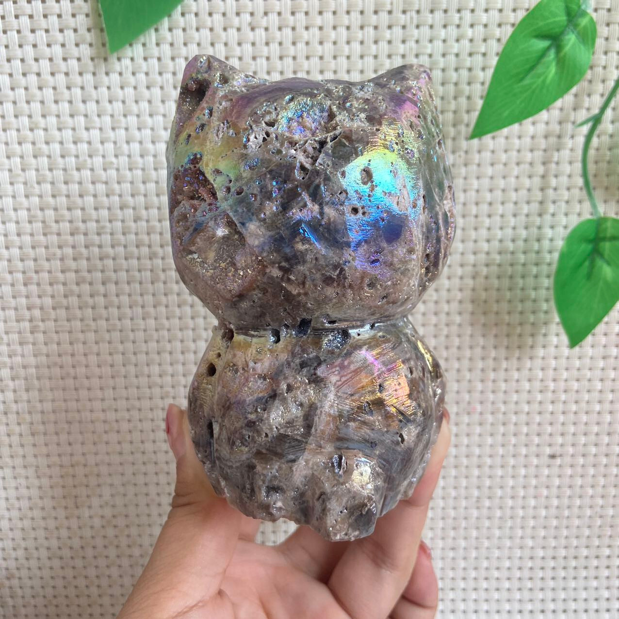 470g Druzy Sphalerite Hello Kitty Cat Carving Titanium Angel Aura Quartz Crystal