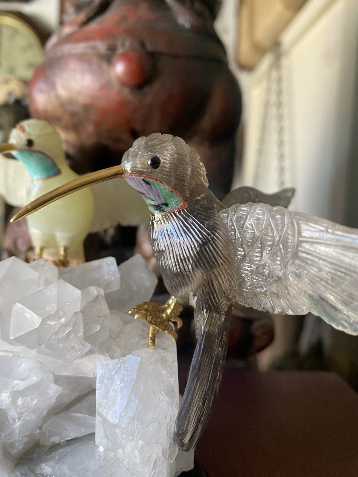 Peter Muller Hand Carved Smokey Quartz, Marble, Quartz Hummingbirds On Quartz