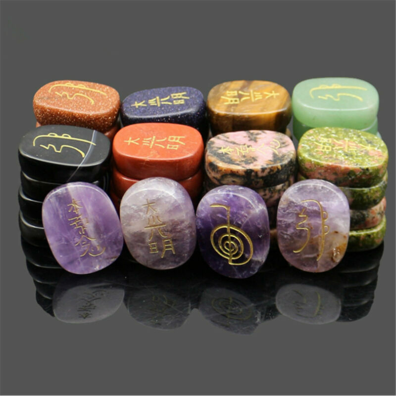 4pcs/Set 7 Chakra Palm Stone Set Engraved Usui Symbols Reiki Crystal Stones