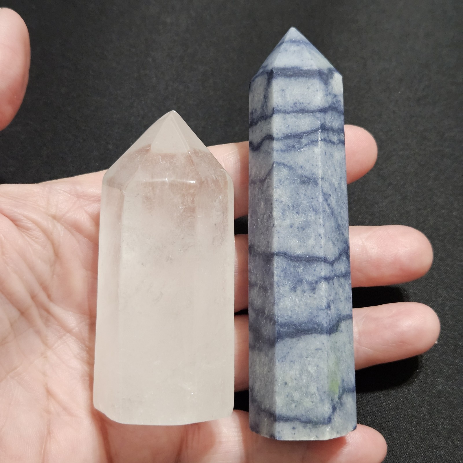 Lot Of 2, Blue Aventurine And Milky Clear Quartz Crystal Obelisk Tower Point