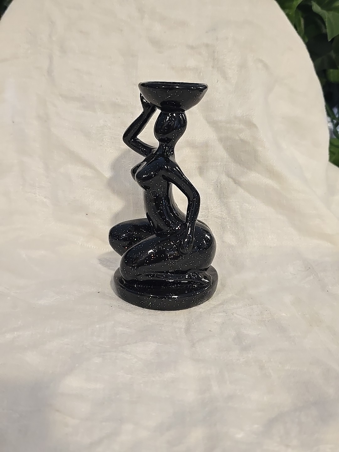 Art Deco Female Fluid Form Crystal Ball Sphere Holder Black Sparkle Carved Resin