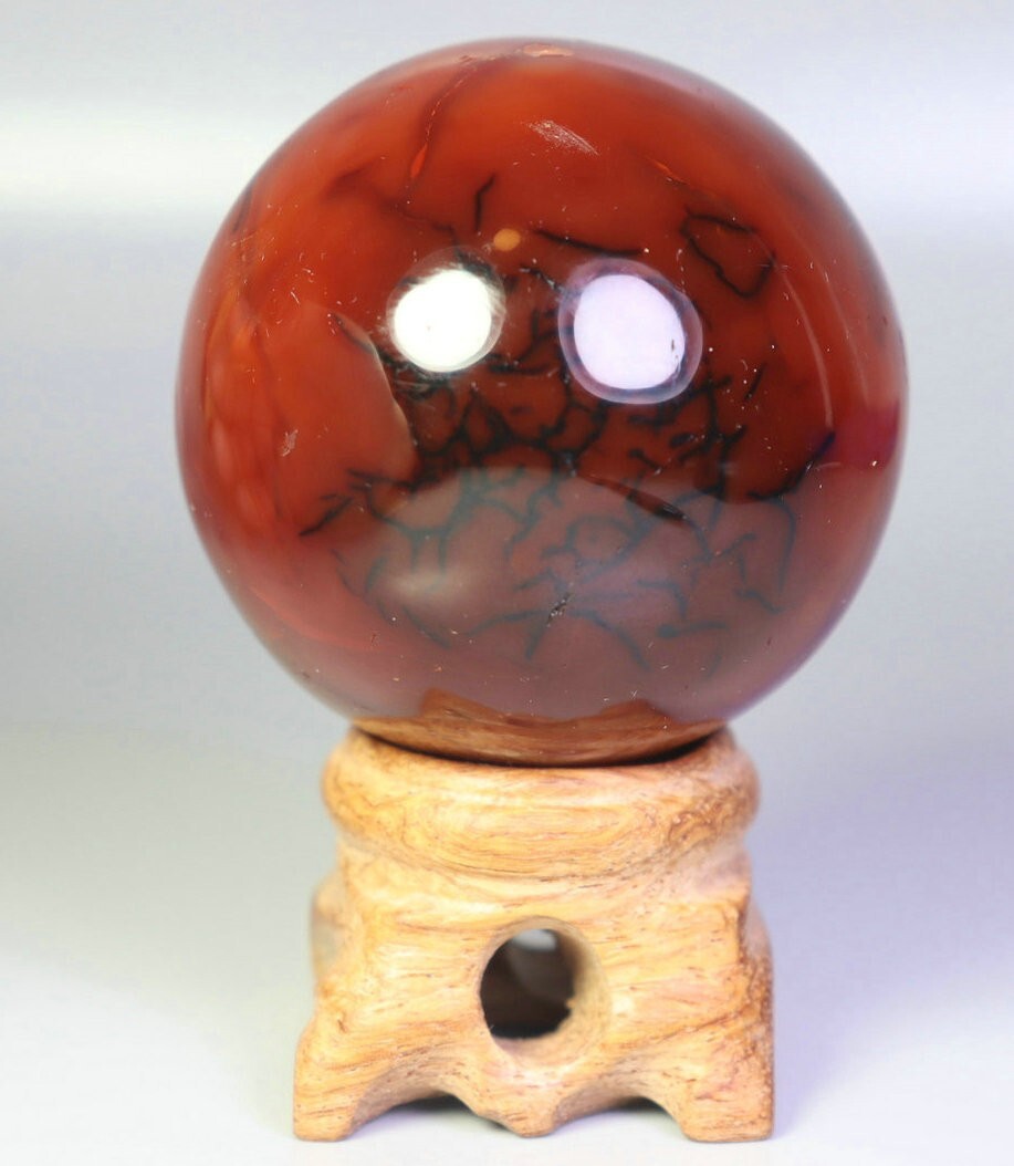 155g Natural Red Orange Carnelian Agate Quartz Crystal Sphere Ball + Stand