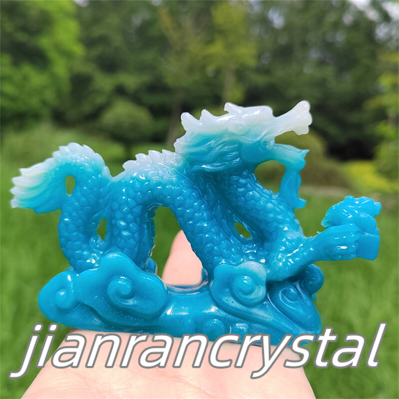 4″ Blue Luminous Stone Sculpture Chinese Dragon Resin Decor Chinese Dragon 1pc