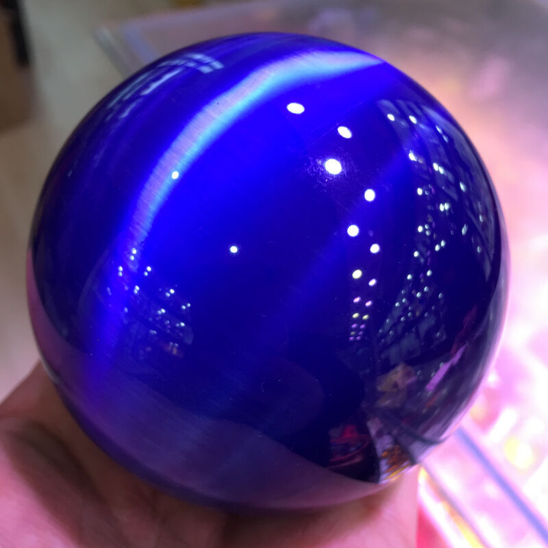 290g Rare Natural Quartz Blue Cat Eye Crystal Healing Ball Sphere 60mm + Stand