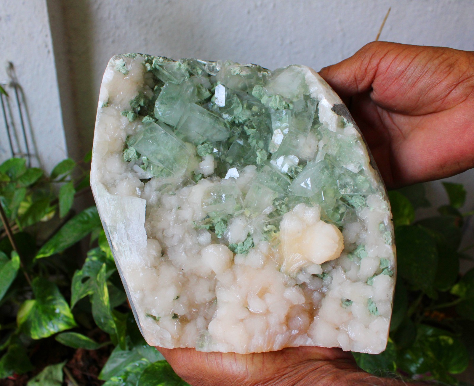 GREEN APOPHYLLITE CRYSTALS w/ STILBITE ON MATRIX MINERALS SPECIMEN INDIA #A47