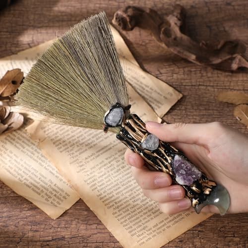 Witchcraft Supplies Witches Broom – Wiccan Decor with Moon Design Fluorite