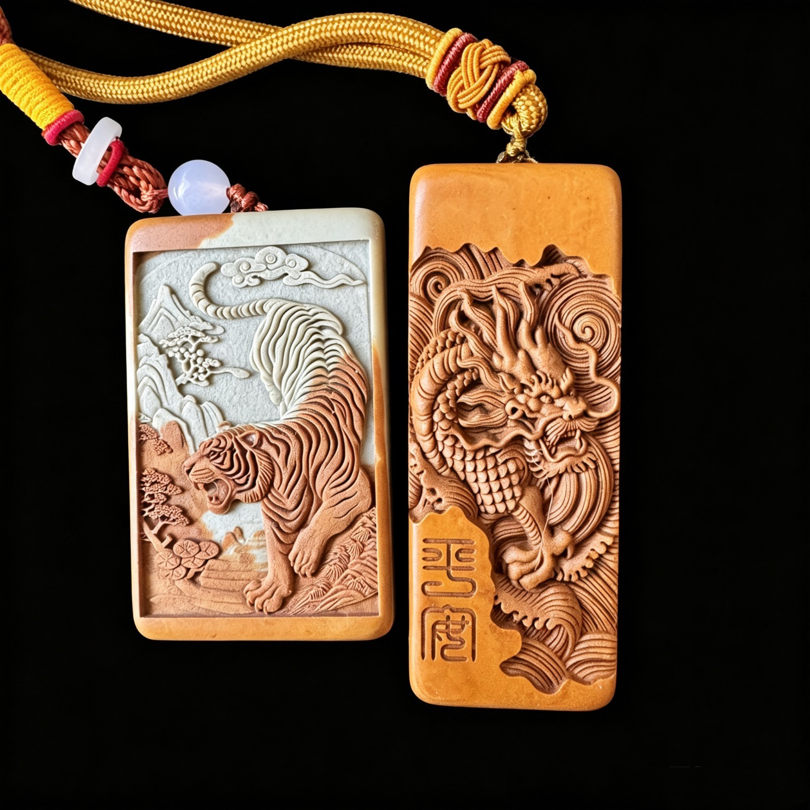 Natural Songhua Stone Double Sided Dragon Tiger Pendant Fine Carved Worry Stone