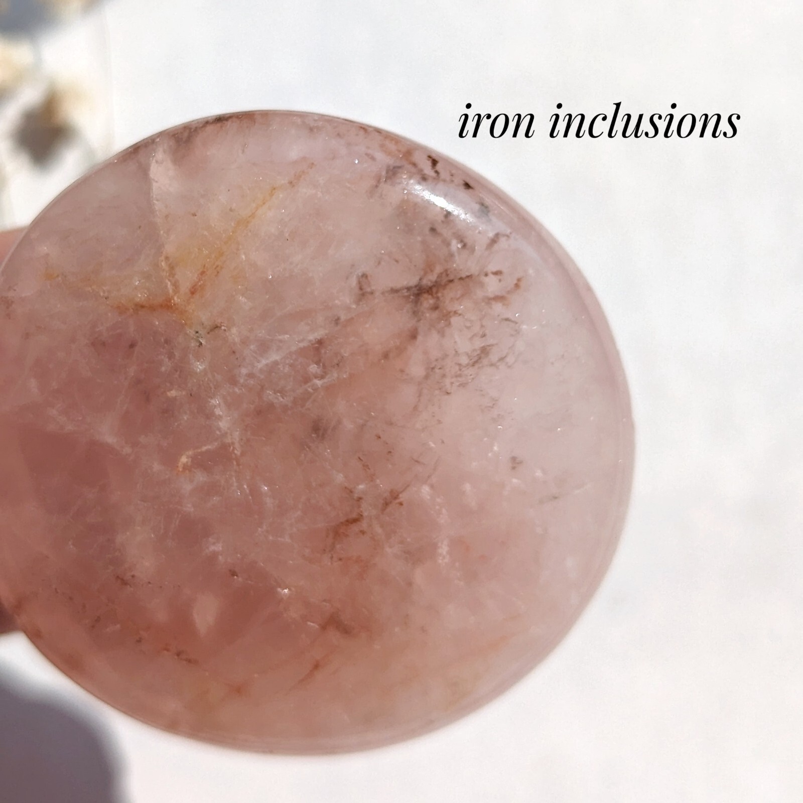 1.5″ rose quartz flat disk with iron inclusion, rose quartz crystal flat stone