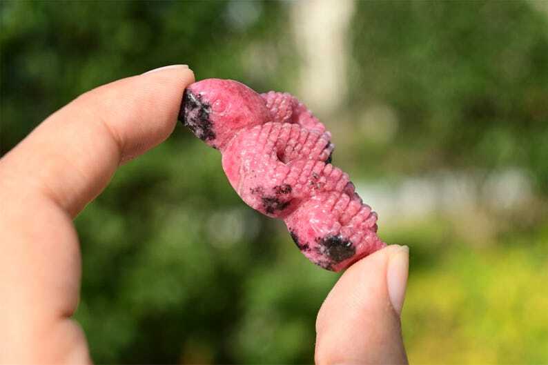 Natural Rhodonite Snake 1.6” Reiki Crystal skull carved Heal decor gift 1pc