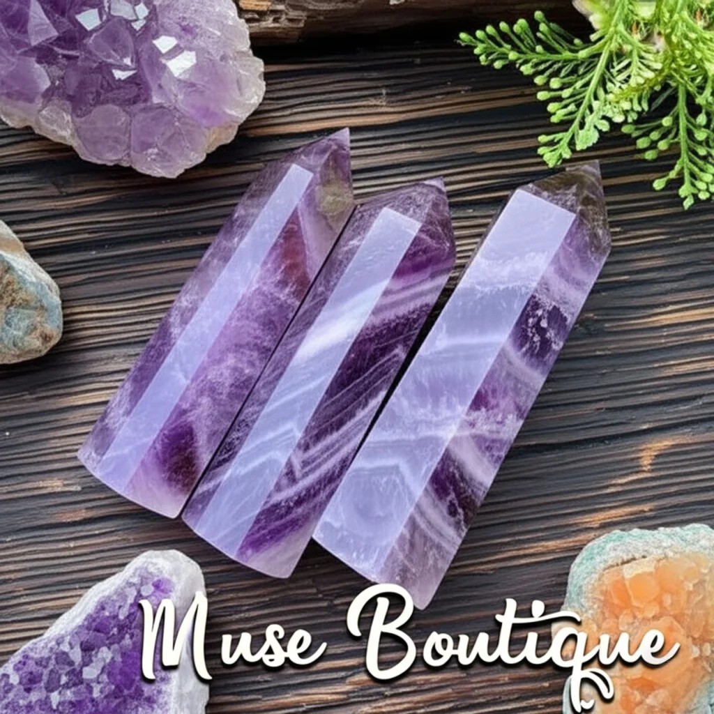 Natural Chevron Amethyst Crystal Tower Point Wand Healing Obelisk Home Decor