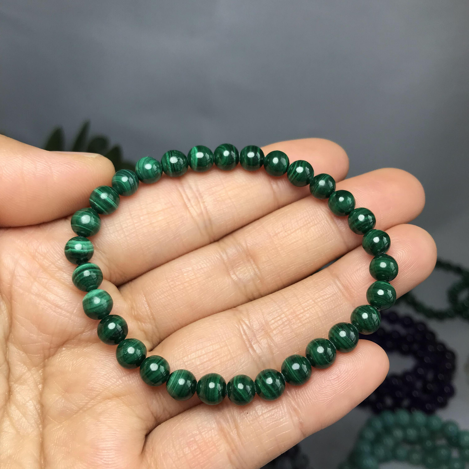 6mm Natural malachite gemstone Crystal chain beads bracelet 13-14g A5264