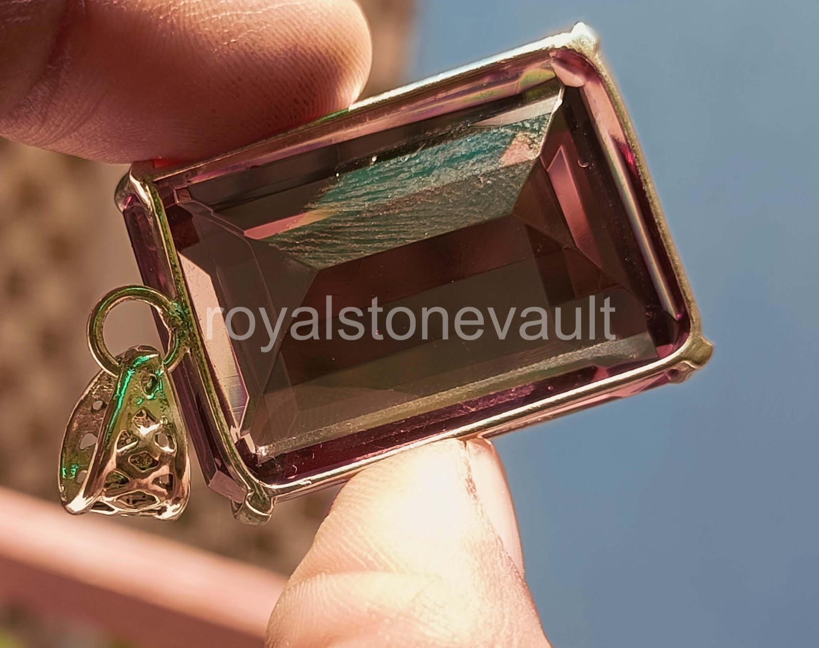 120Ct Natural Color Change Alexandrite Emerald Shape 925 Pendant Silver IGL 6YNY