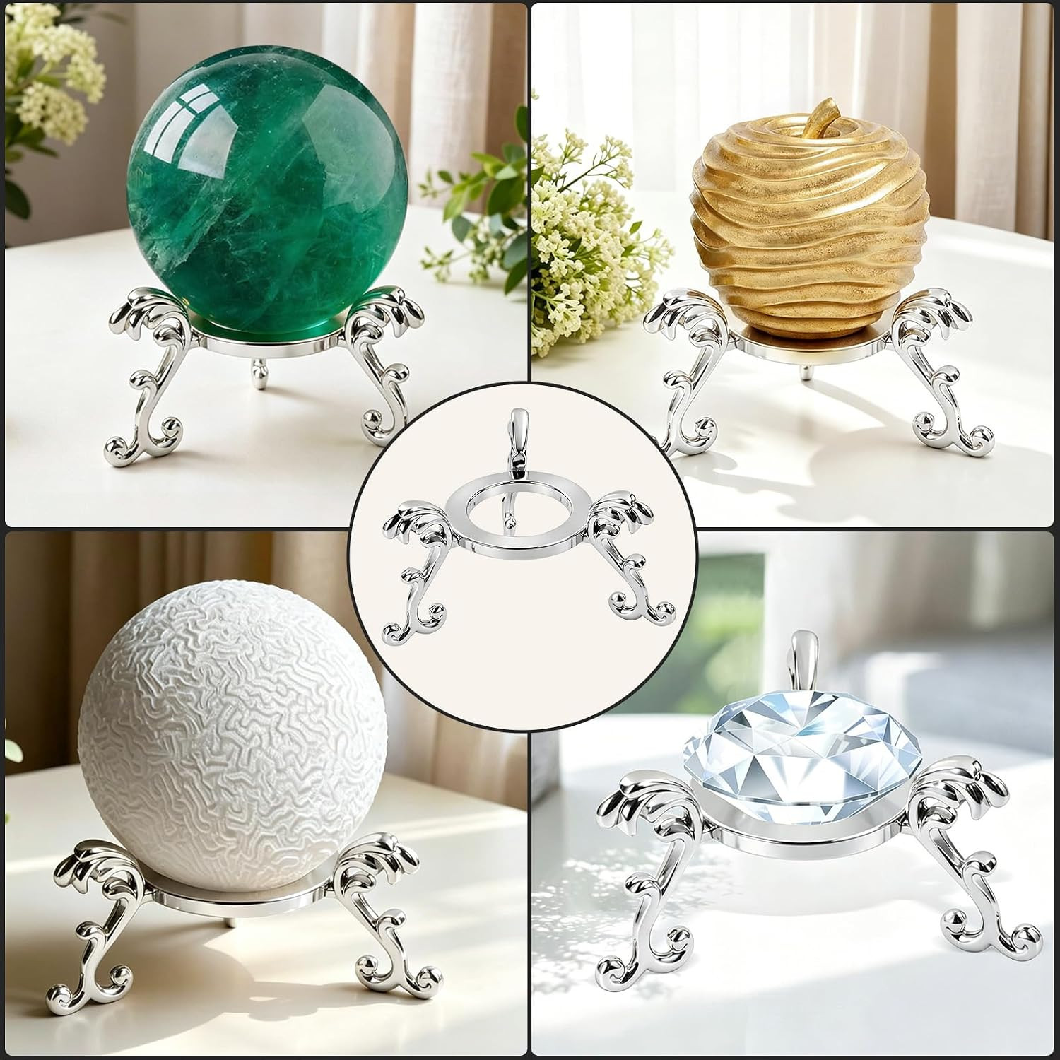 10-Pack Silvery Crystal Ball Stands, 40-80Mm | Sphere Display Holder; for 40-80M