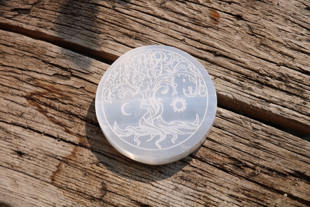Selenite Energy Round Charging Plate Dish Tree Moon and Sun Crystal