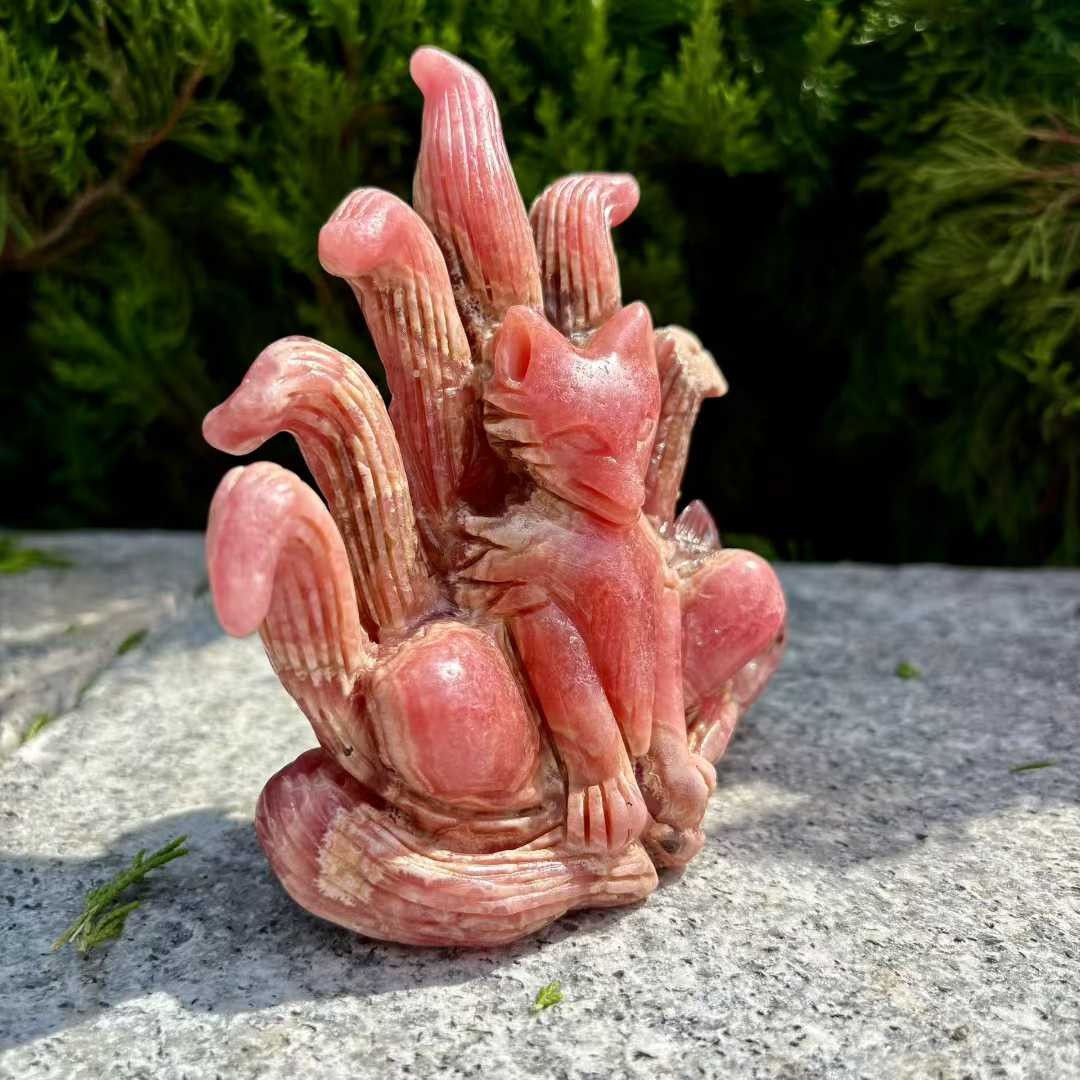 449g Natural Rhodochrosite Quartz Carved Nine-tailed fox Skull Crystal Reiki
