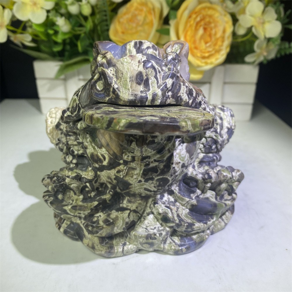 5.6LB 5.9″Natural A+Geode Money Agate Golden Toad Crystal Reiki Carving Decor