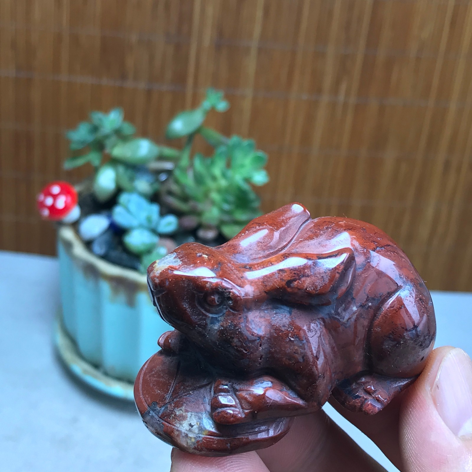 Natural bloodstone carve Rabbit & Copper Coin Figurine, Feng Shui Wealth Luck 82