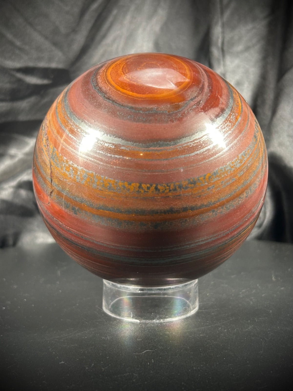 4.05″ Tiger Iron (AKA Mugglestone) Sphere With Acrylic Stand 4lb 5.5oz (1.968KG)