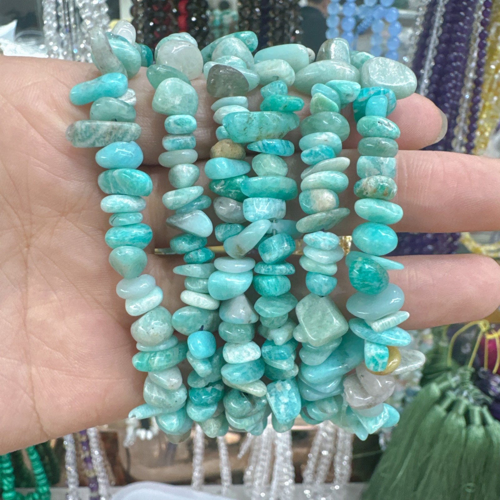 6 Pcs Natural Amazonite Crystal Chip Bead Bracelet Gold Buckle Chain Adjustable