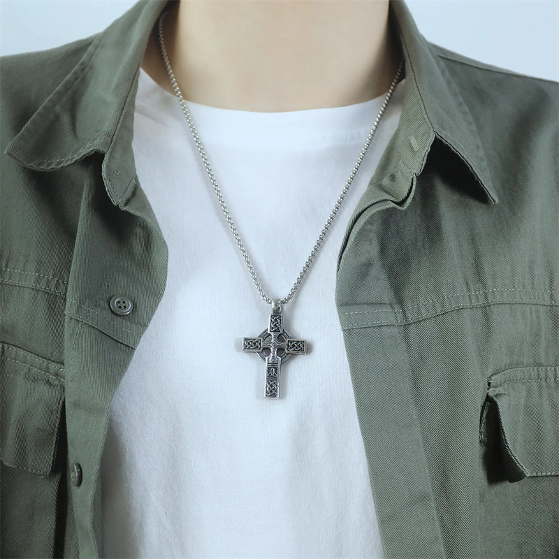 Mens Irish Celtic Trinity Knot Cross Pendant Necklace Stainless Steel Set 1PC