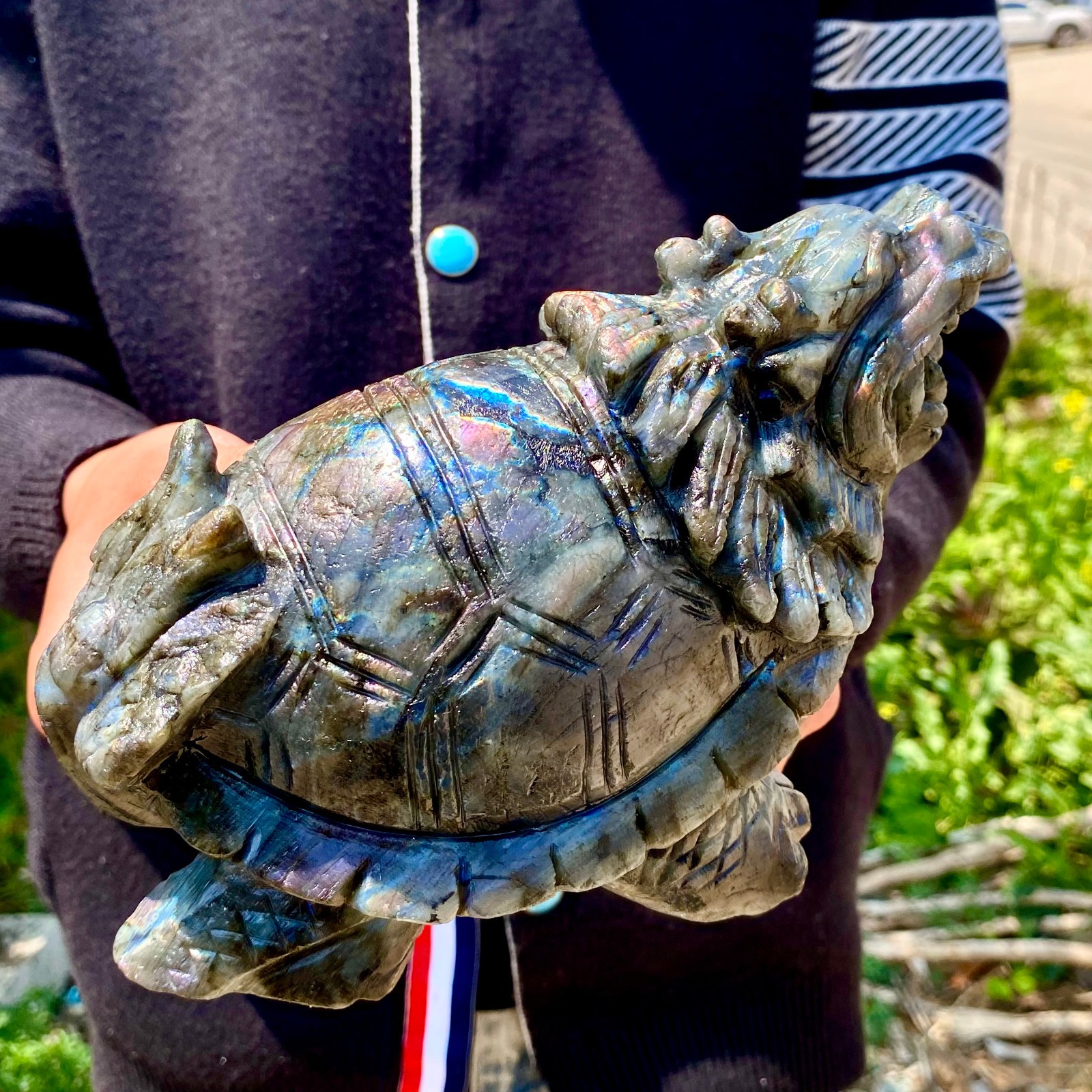 4.8LB Hand Carved Labradorite Dragon Turtle Gemstone Statue Crystal Ornament